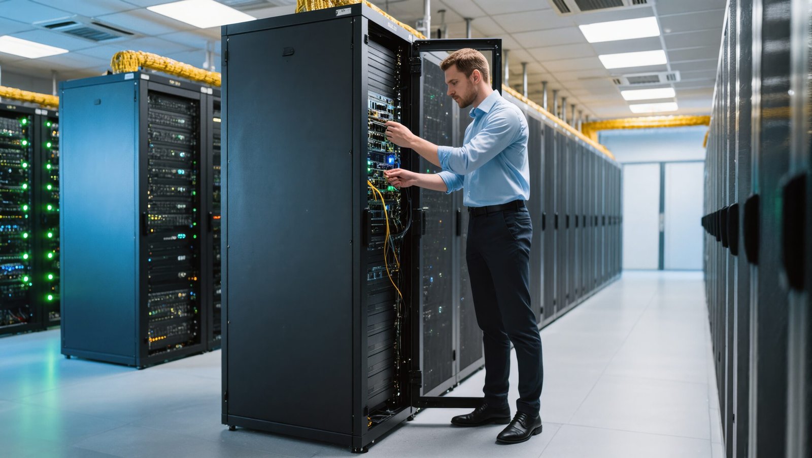 Technician Performing Maintenance on Network Servers in a Modern Data Center